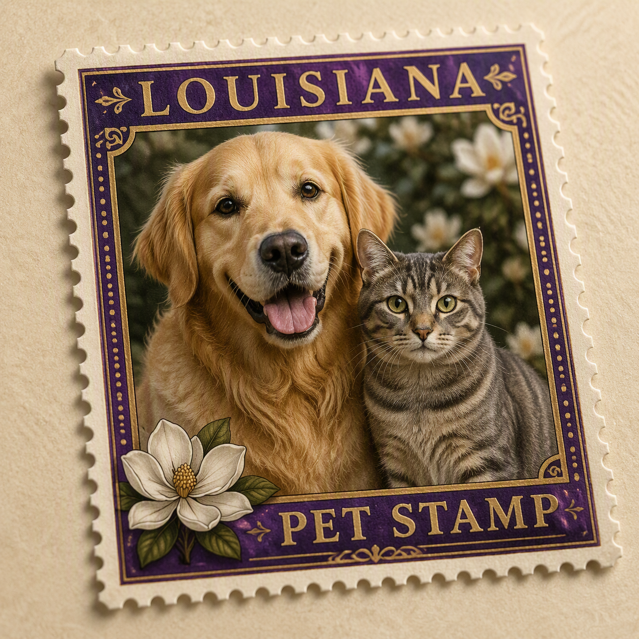 Concept art of the Louisiana commemorative pet stamp